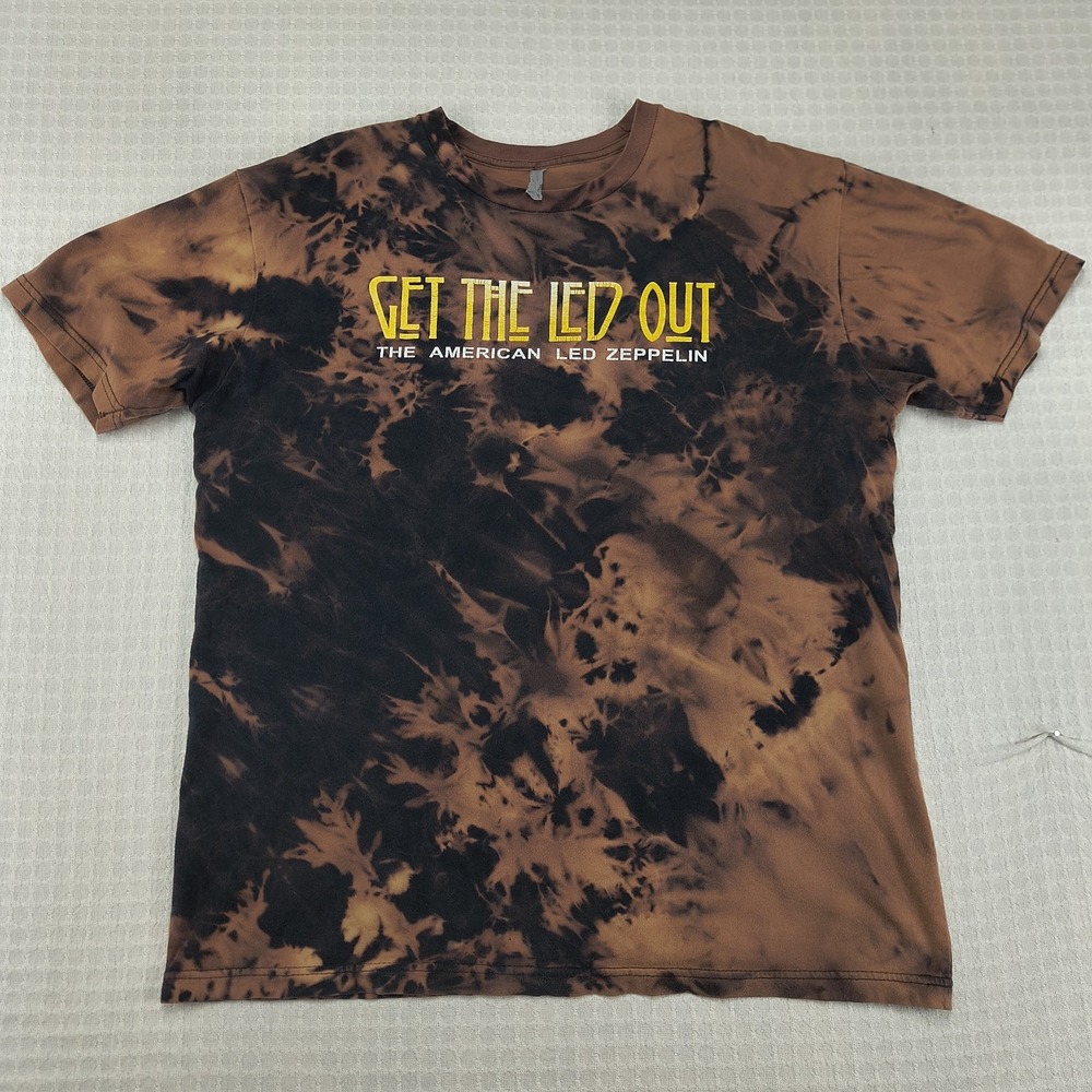 Get The Led Out American Led Zeppelin Tie Dye Bleach Wash T-Shirt Brown Large‎